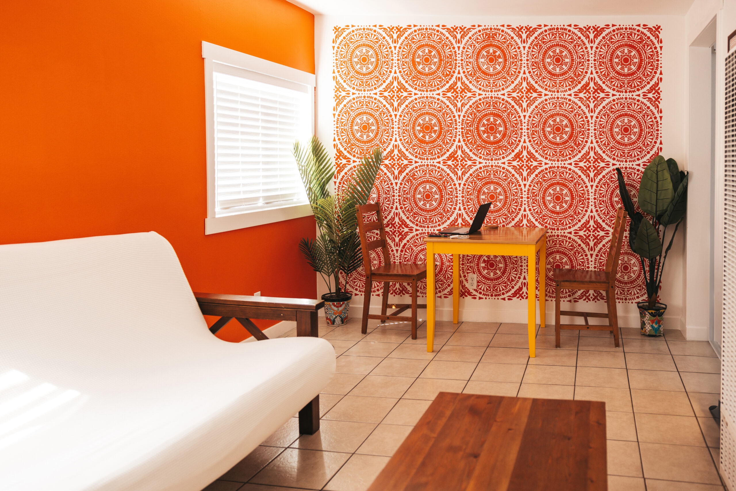 bright orange colorful living room