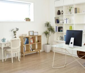 Contemporary home office setup with natural light, featuring modern decor, desk, computer, and bookshelves.