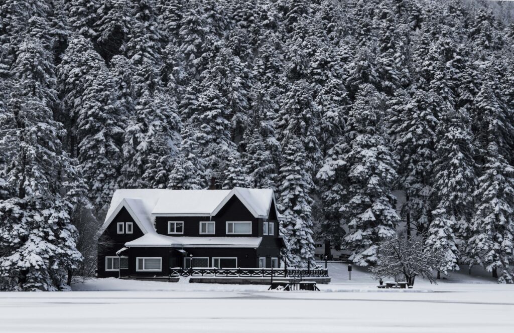 A scenic winter landscape featuring a snow-covered house surrounded by a dense, frosted forest.