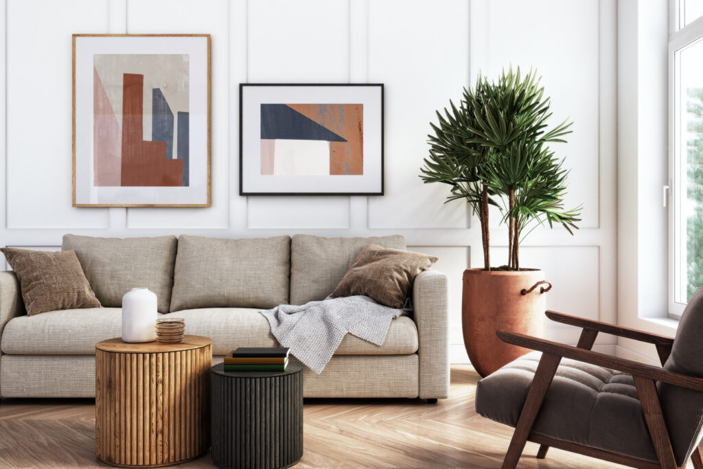 Stylish living room with natural organized decor and balanced layout