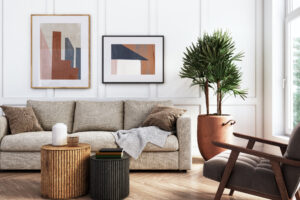 Stylish living room with natural organized decor and balanced layout