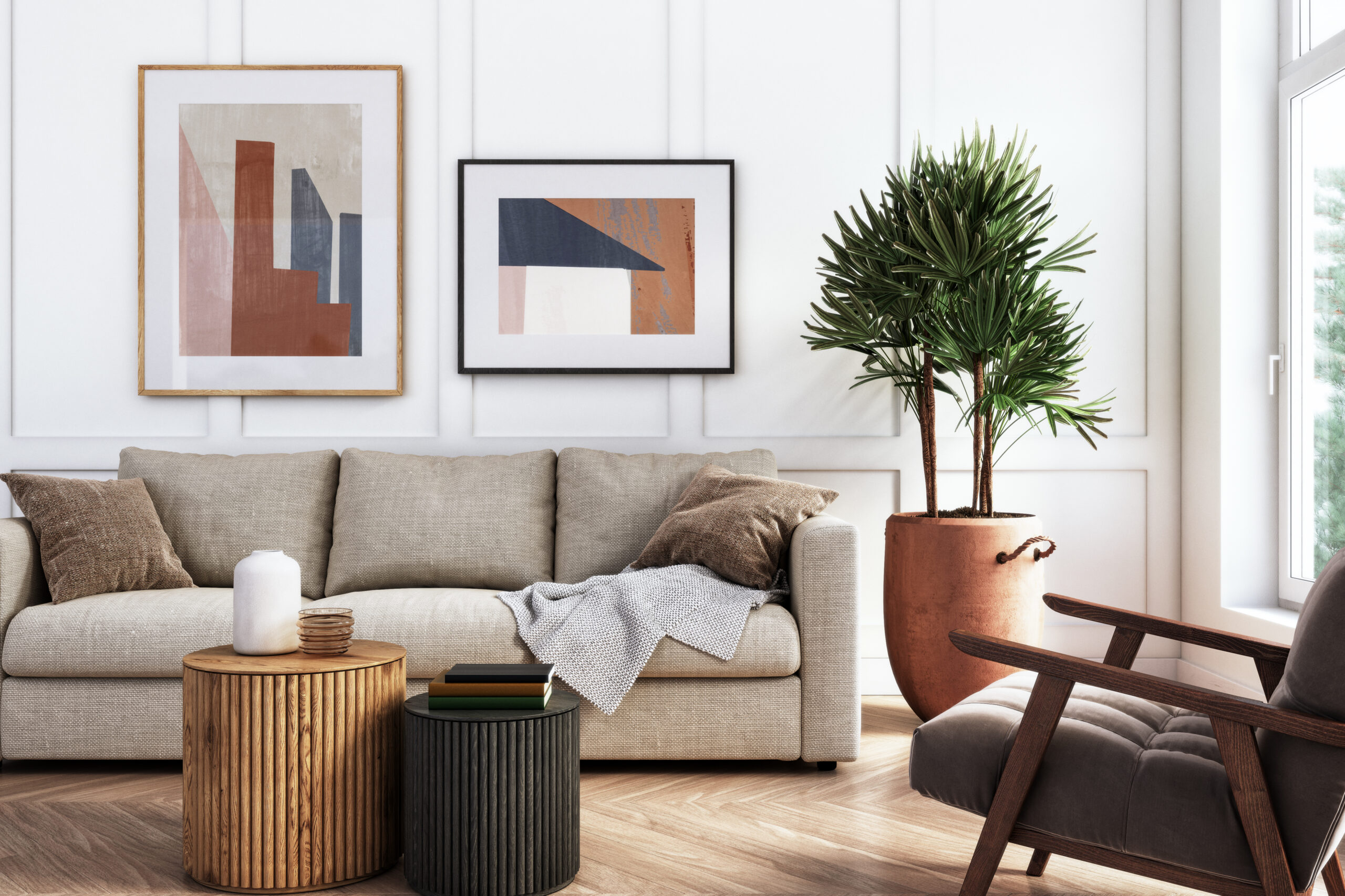 Stylish living room with natural organized decor and balanced layout