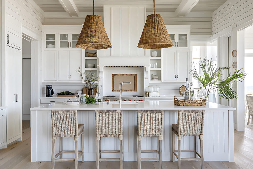Coastal white kitchen with woven rattan pendant lights, rattan counter stools and light wood flooring