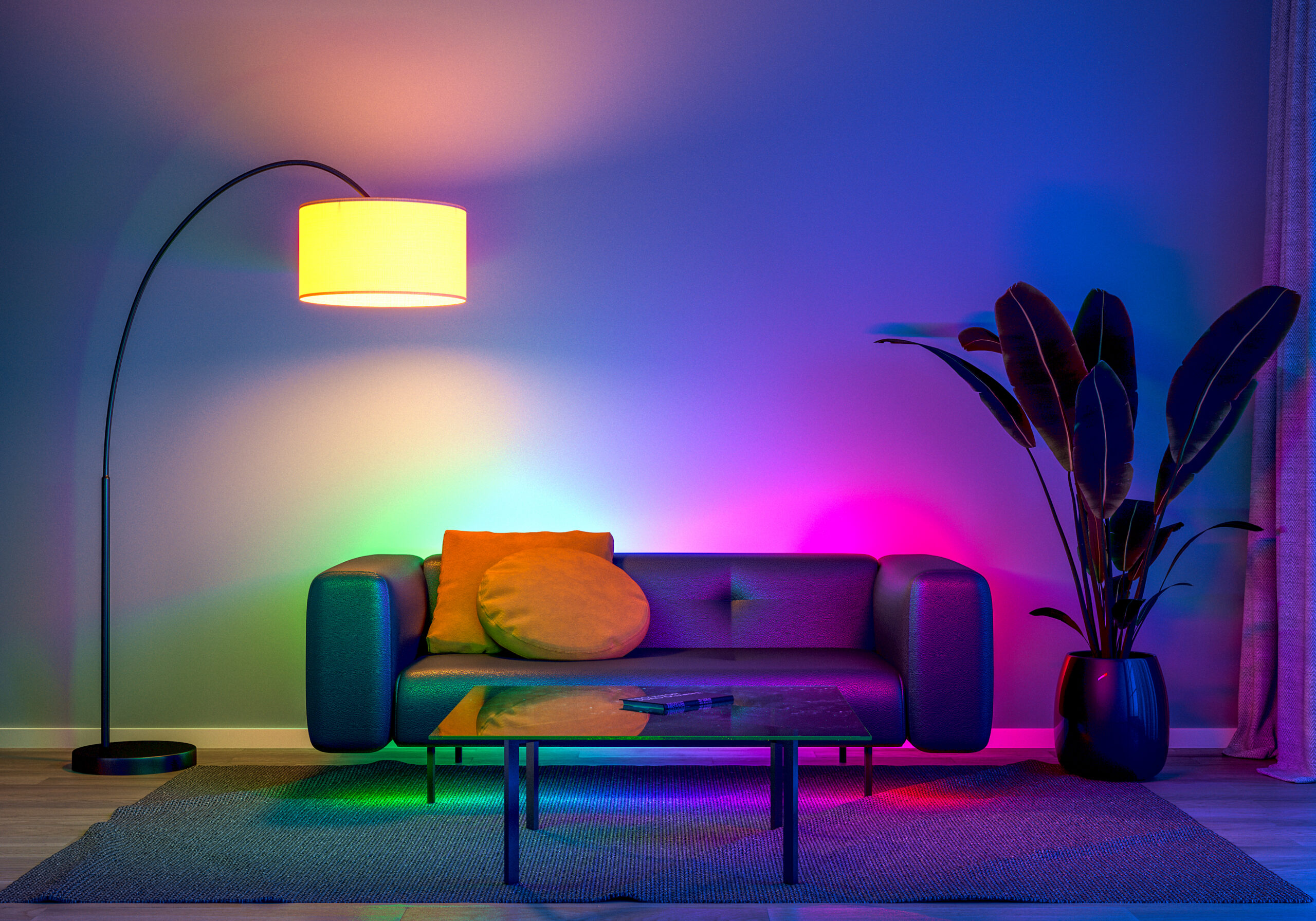 cozy living room with accent lighting without major construction using floor lamps and LED strip lights