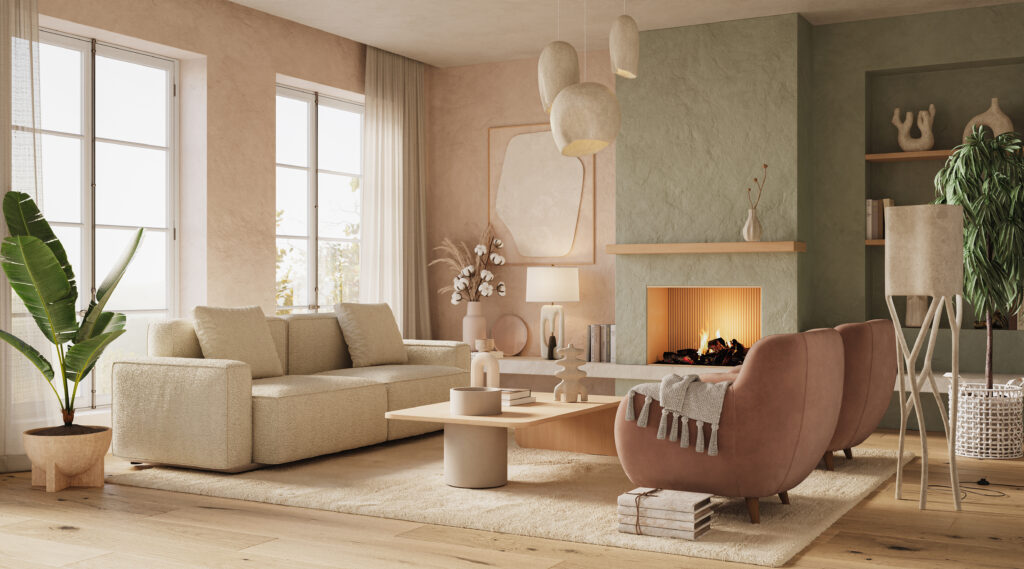 Living room with layered lighting and soft textures creating a warm, welcoming atmosphere