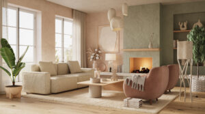 Living room with layered lighting and soft textures creating a warm, welcoming atmosphere