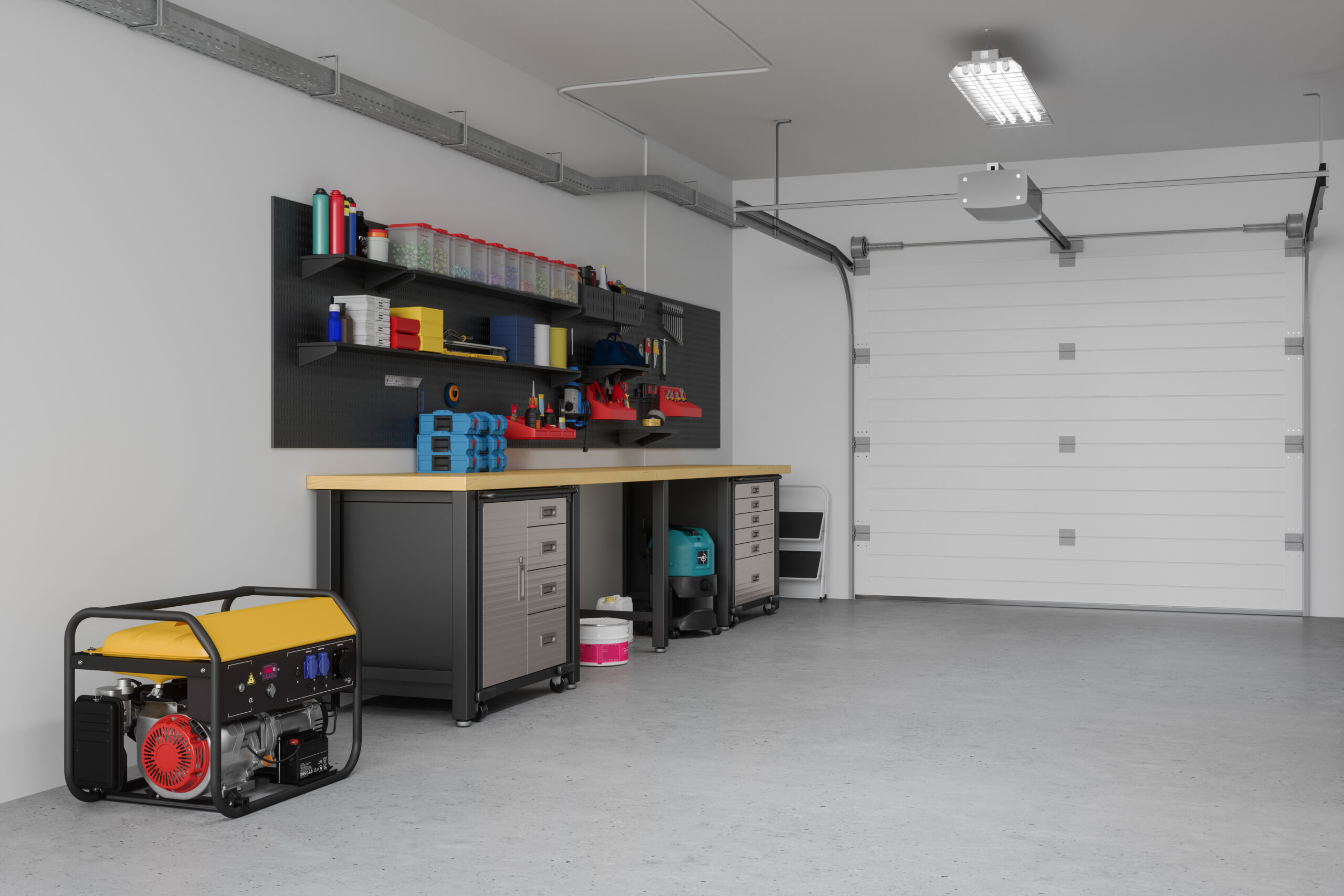 Well-organized and finished garage interior with lighting, storage, and epoxy floor