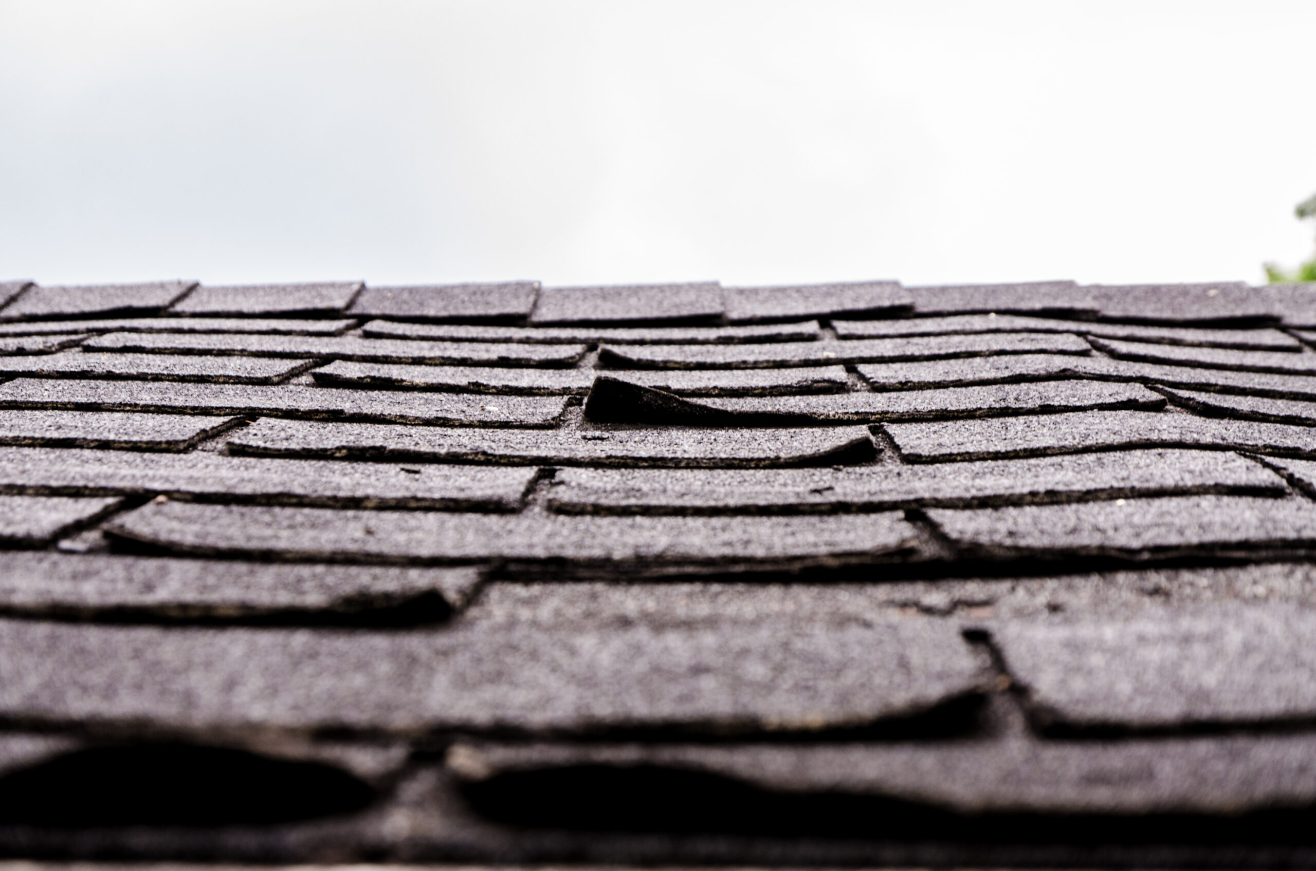 older roof showing weak points with curling shingles and worn flashing