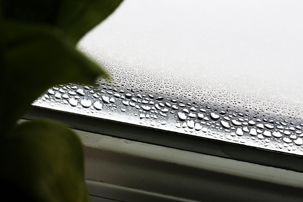 Condensation on interior window glass inside a home during cold weather