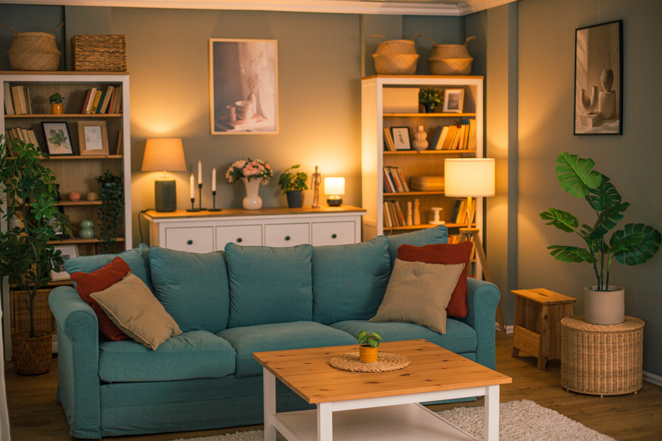 well-lit living room demonstrating lighting zones with layered ambient and task lighting