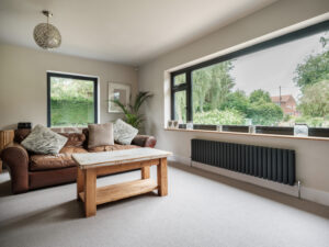 Large picture window in a living room, an example of window placement for natural light