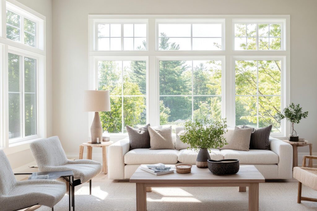 Bright living room with large white-framed picture windows and transoms overlooking green trees, filled with daylight