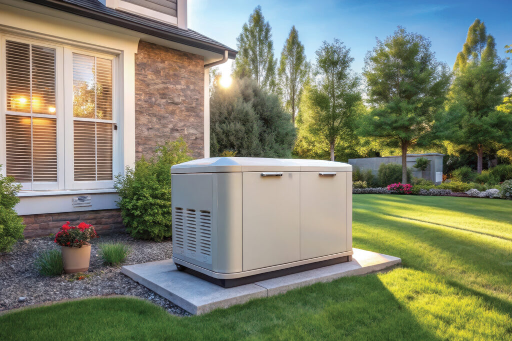 Standby home generator installed on a concrete pad beside a house with lit windows and a green lawn