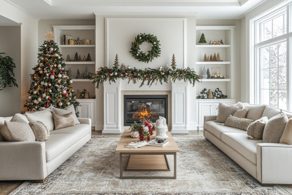 Neutral living room decorated for the holidays with a lit Christmas tree, garland-draped mantel, and cozy seating