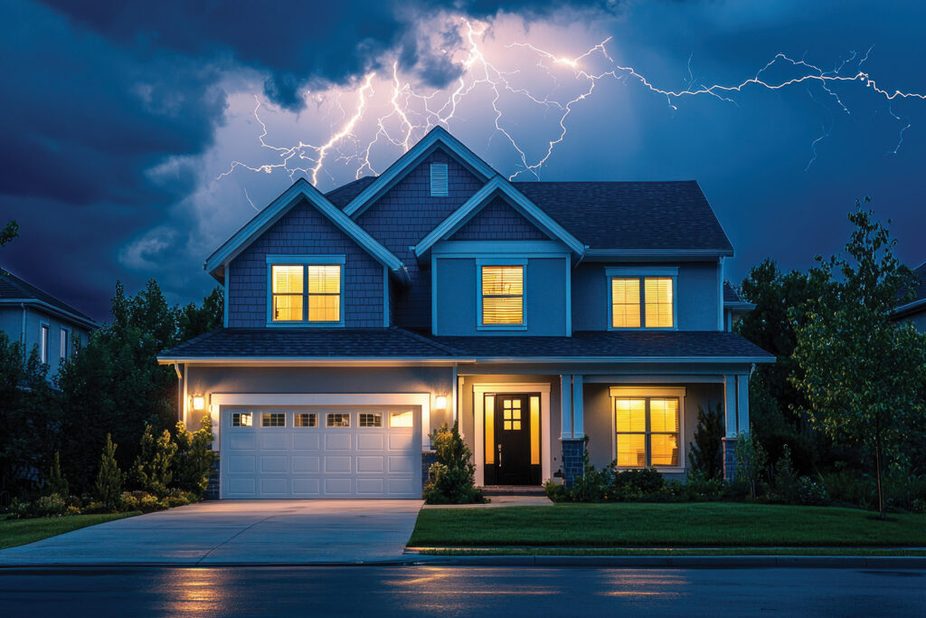 Two-story home with lit windows at night as lightning strikes across a dark storm sky above the roofline