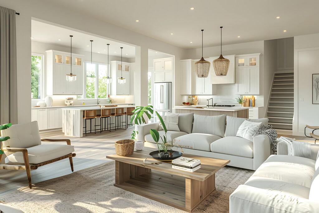 Bright open-concept living room with white sofas, a wood coffee table and a kitchen with pendant lights