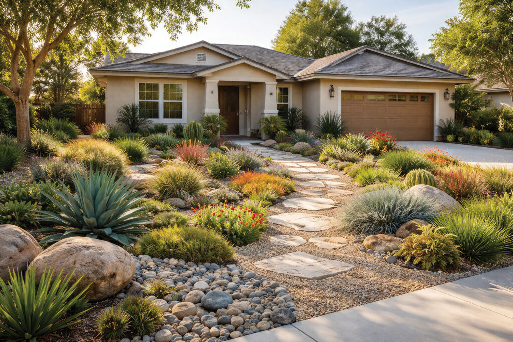 Low maintenance front yard with drought tolerant plants, ornamental grasses, river rock and a flagstone walkway