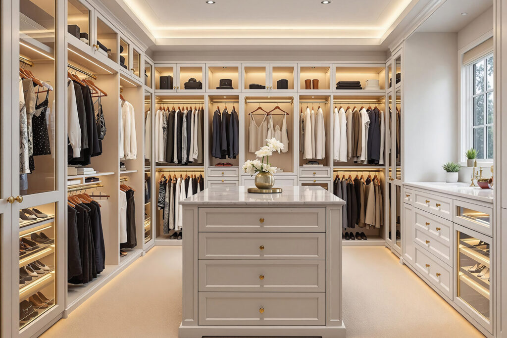 Custom walk-in closet with lit shelving, double hanging rods, glass-front shoe cabinets and a center island