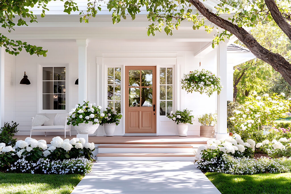 White home entry with a natural wood front door, covered porch, hydrangeas and a clean walkway in daylight