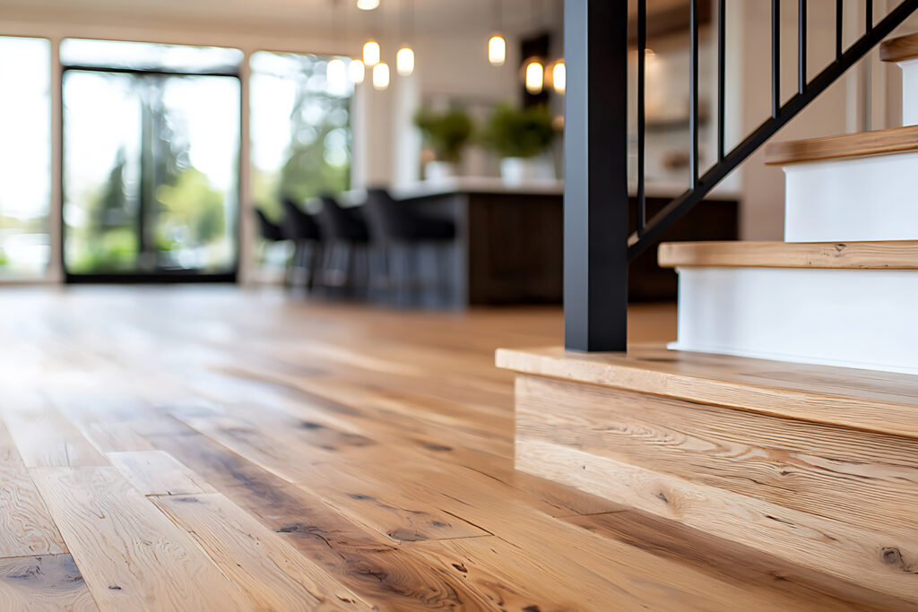 Wide-plank light oak hardwood flooring in a bright open-concept home with stairs and a kitchen beyond