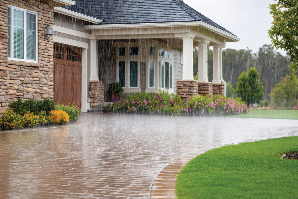 Heavy rain falling on a stone-front home with water pooling and running across the driveway toward the lawn