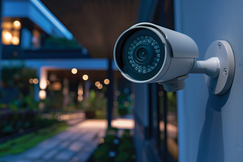 Wall-mounted outdoor security camera with night vision watching a lit walkway and home exterior at dusk