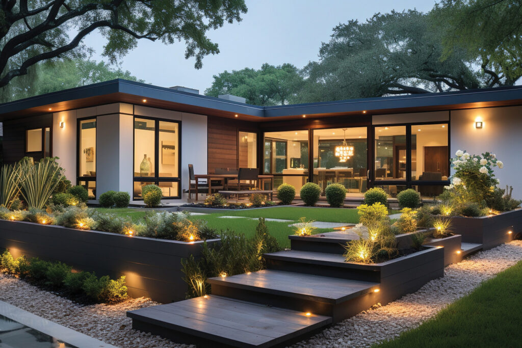 Modern home at dusk with warm smart landscape lighting along steps, planters and pathways, and glowing interiors