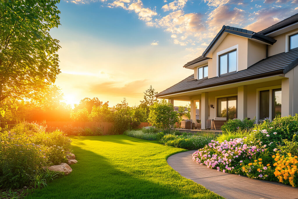 Home exterior at golden hour with a green lawn, blooming flower beds and a curved walkway in spring