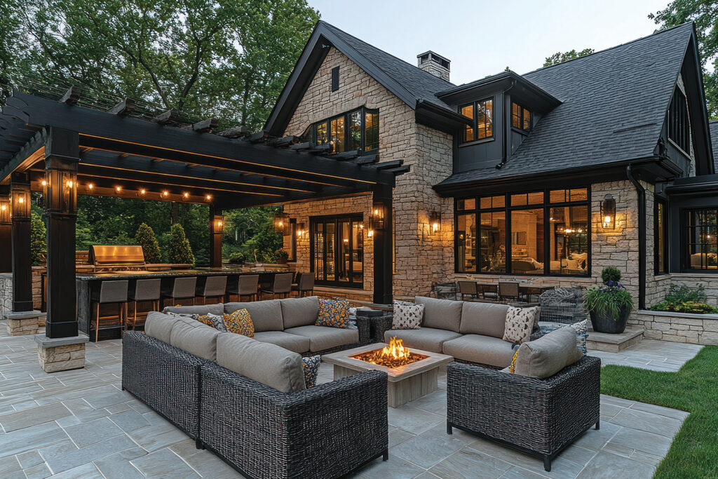 Backyard patio at dusk with a fire pit, wicker sectional, black pergola, string lights and outdoor kitchen
