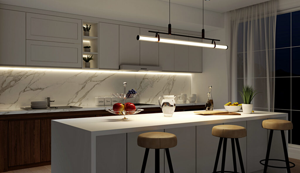 Task lighting illuminating a kitchen countertop and workspace