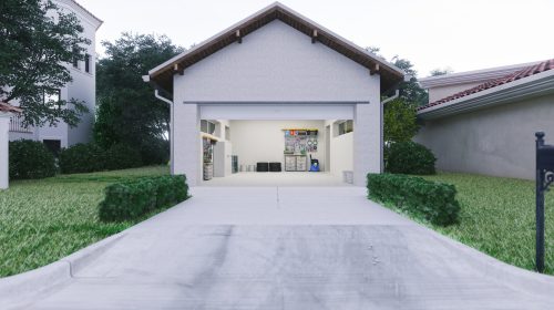 Organized garage with storage bins, cabinets, and shelving for seasonal items