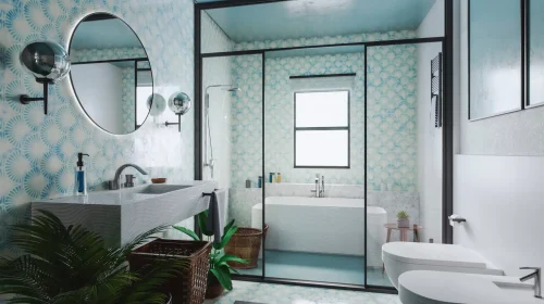 Empty bathroom, 3D generated image.