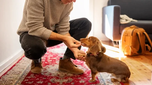 Young man feeding treat to pet Dachshund dog at home