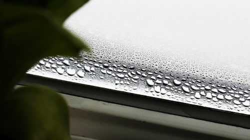 Condensation on interior window glass inside a home during cold weather