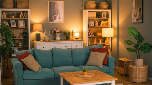well-lit living room demonstrating lighting zones with layered ambient and task lighting