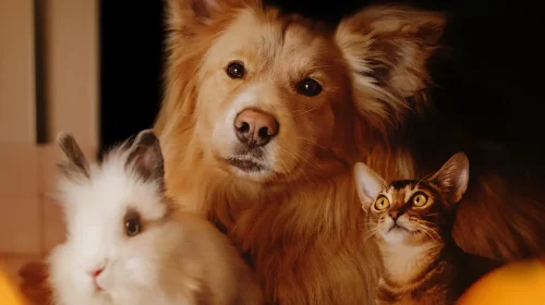 group of pets posing together under a christmas tree indoors