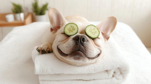 French bulldog relaxes in spa with cucumber slices over eyes, showing a joyful smile while lying comfortably on soft towels.