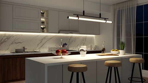 Task lighting illuminating a kitchen countertop and workspace