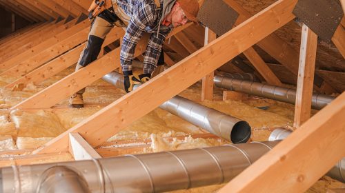 Air Quality Specialist Installing New Residential Air Duct. Caucasian HVAC Worker in His 40s with Piece of Metal Duct Pipeline.