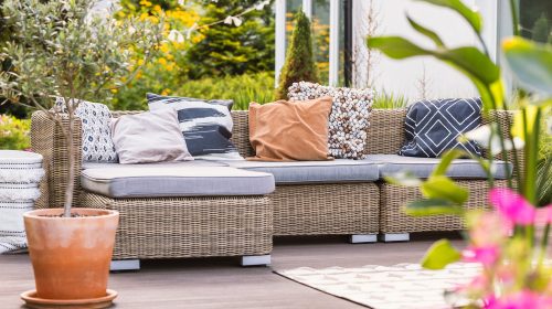 Living room designed on a wooden  deck in the yard