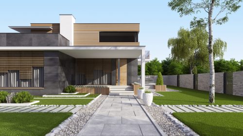 Concrete walkway leading to a welcoming home entrance with landscaping