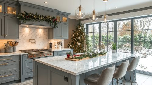 Blue-gray kitchen decorated for the holidays with garland over the range, a lit tree and a marble island