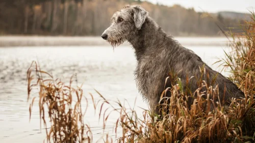 Irish Wolfhound. Big gray dog sitting on the river bank.