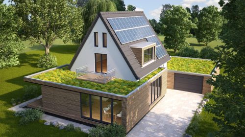 3d rendering of an old house with a modern cubic extension and garage
