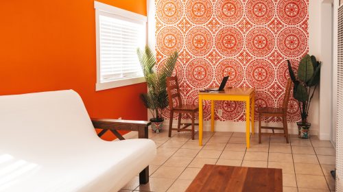 bright orange colorful living room
