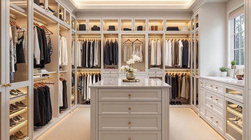 Custom walk-in closet with lit shelving, double hanging rods, glass-front shoe cabinets and a center island