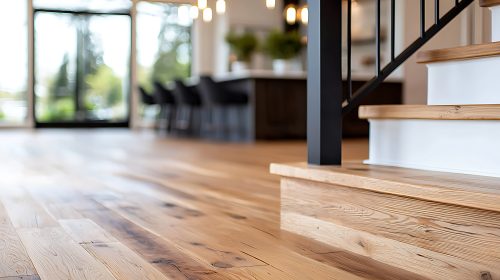 Wide-plank light oak hardwood flooring in a bright open-concept home with stairs and a kitchen beyond