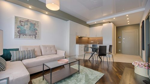 Spacious modern living room featuring chic furniture, stylish decor, and a minimalist kitchen.
