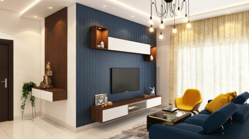 Contemporary and cozy living room interior with elegant decor in Bangalore.