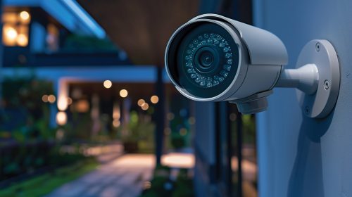 Wall-mounted outdoor security camera with night vision watching a lit walkway and home exterior at dusk
